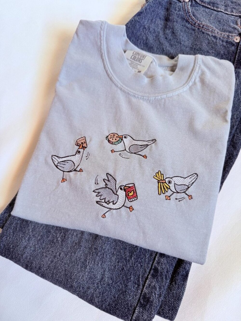 White T-Shirt Comfort Colors Silly Seagull Embroidered T-Shirt - Picture 5 of 5